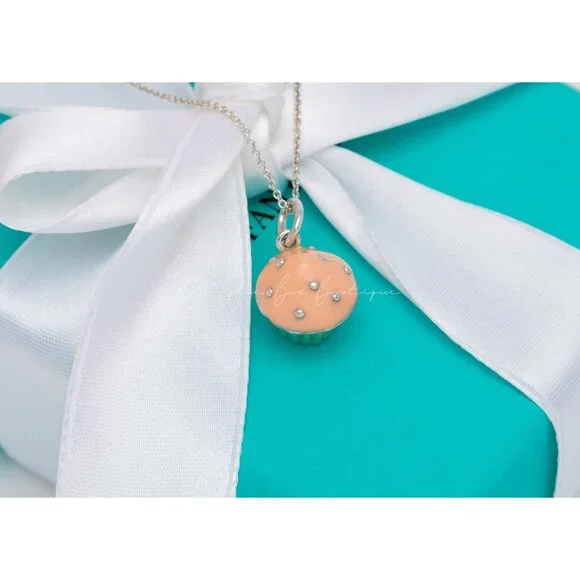 Tiffany & Co. Baker's Cupcake Pendant Pink Peach Frosting Charm Necklace Silver - Picture 5 of 6